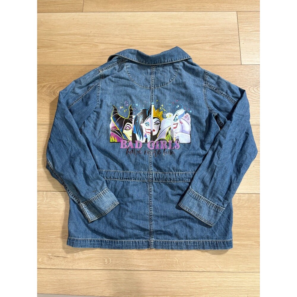 Custom DISNEY Graphic CHAPS Denim OVERSIZED Jacket Bad Girls HAVE MORE FUN SMALL